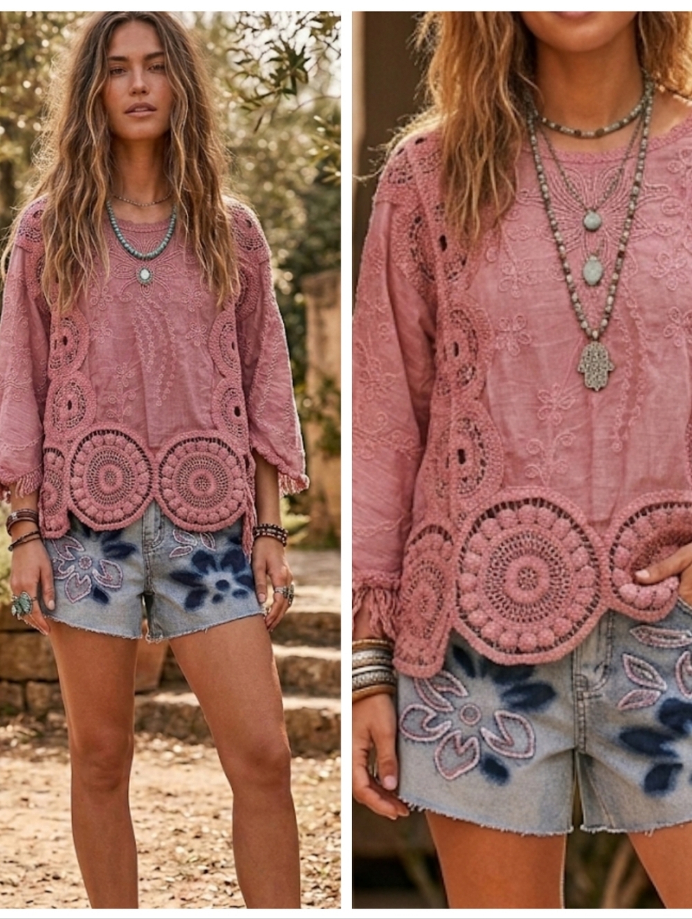 Bohemian Crochet Embroidered Mineral Wash Hem Pink Women's Top